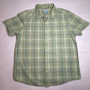 Columbia Shirt Mens Large Short Sleeve Plaid Green Button Front Pocket